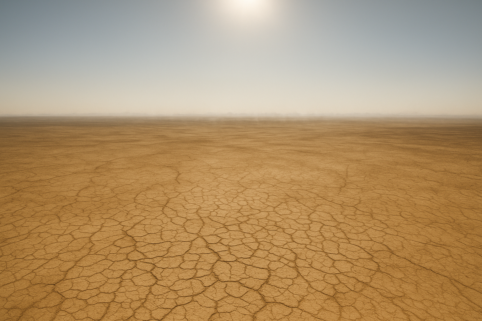 Wide aerial view of a sun-baked desert landscape at midday, heat shimmer rising from cracked earth, cloudless blue sky