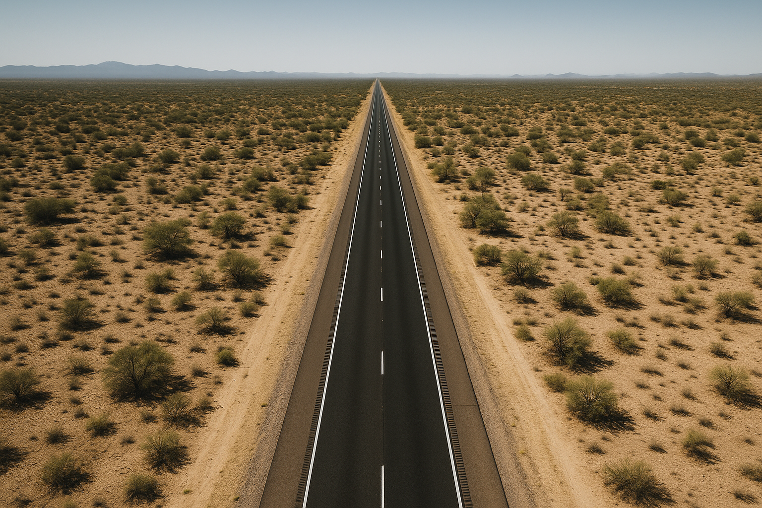 Wide aerial view of an empty desert freeway cutting through dry Arizona scrubland, midday sun, no vehicles, no text