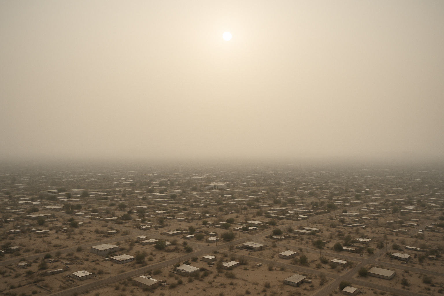 of a hazy desert sky over a flat urban valley at midday, sun diffused through smog, no people