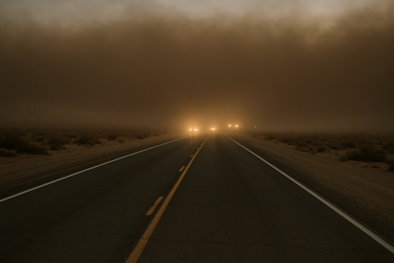 Wide desert highway at night with a wall of brown dust approaching from the horizon, headlights barely visible through the ha