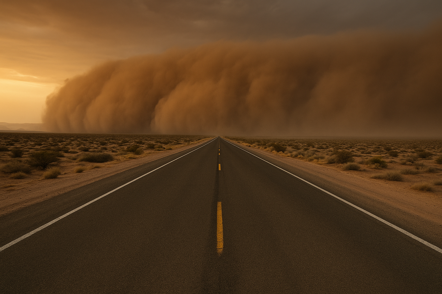 Wide desert highway at dusk with a towering brown dust wall approaching from the horizon, no vehicles visible, dramatic orang