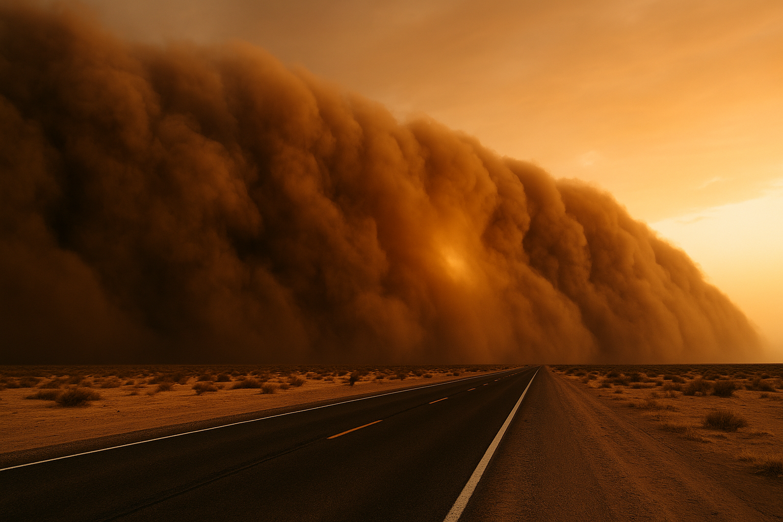 of a brown dust wall approaching a desert highway at dusk, orange sky, no people, no text