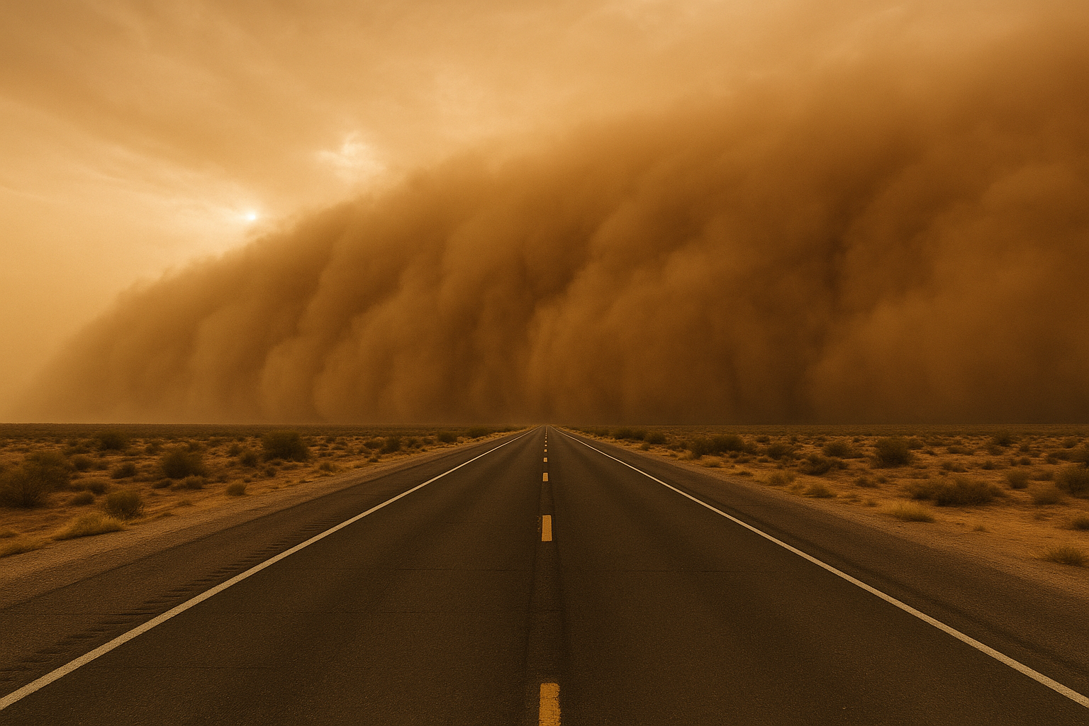 Wide desert landscape at dusk with a towering brown dust wall advancing across a flat Arizona highway, no people visible, dra