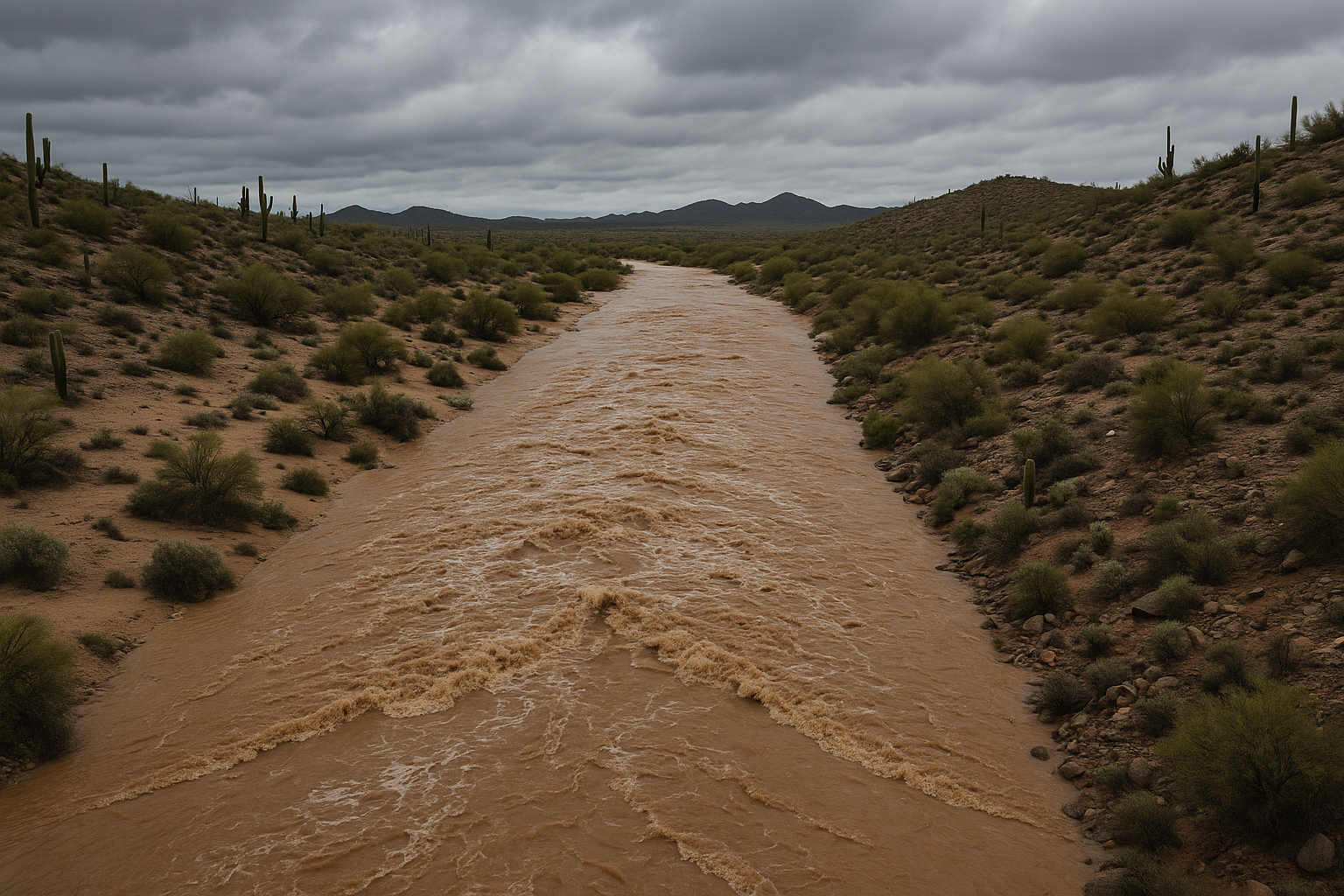 Wide aerial view of a desert wash running fast with brown floodwater through rocky terrain, Sonoran Desert scrub on both bank