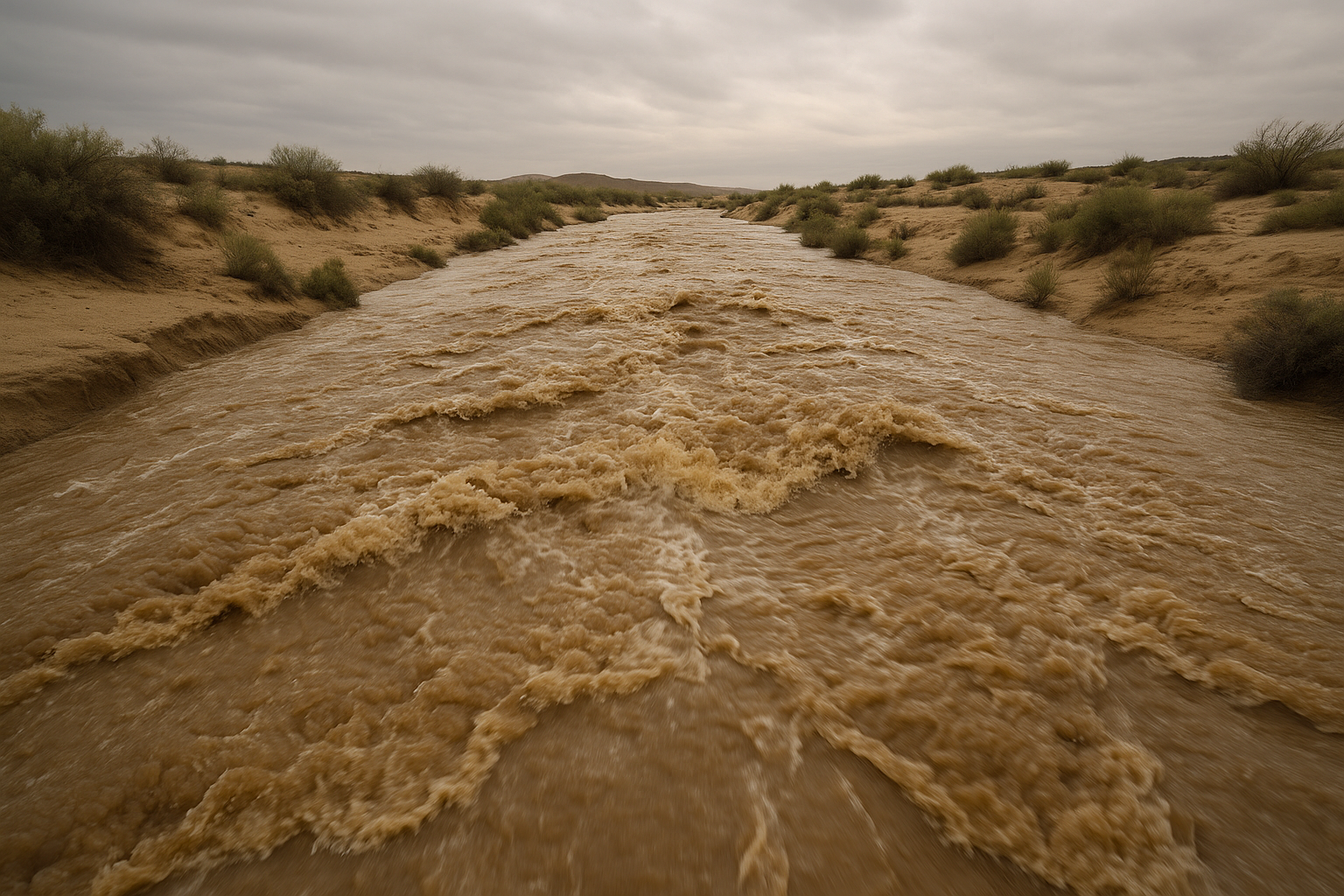 of a desert arroyo with rushing brown water at dusk, scrub brush along the banks, overcast sky
