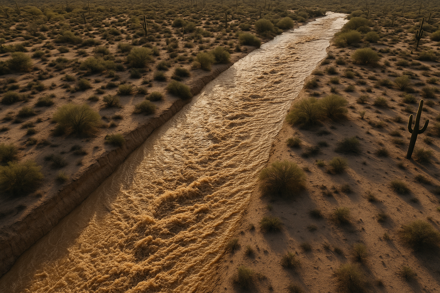 Wide aerial view of a desert wash running fast with brown floodwater after a monsoon storm, Sonoran desert landscape, golden