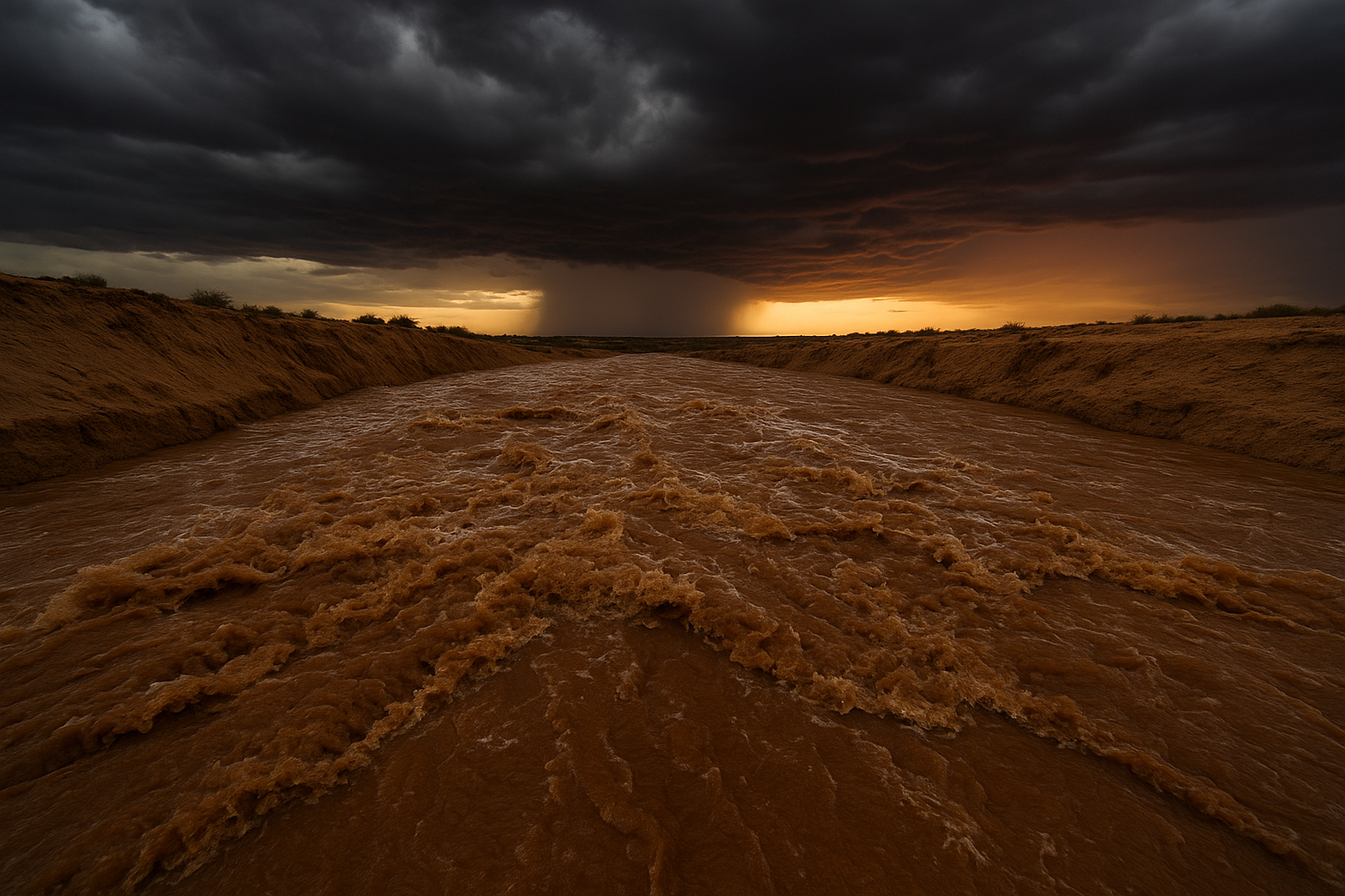 of a desert wash running with muddy water at dusk, storm clouds overhead, no people