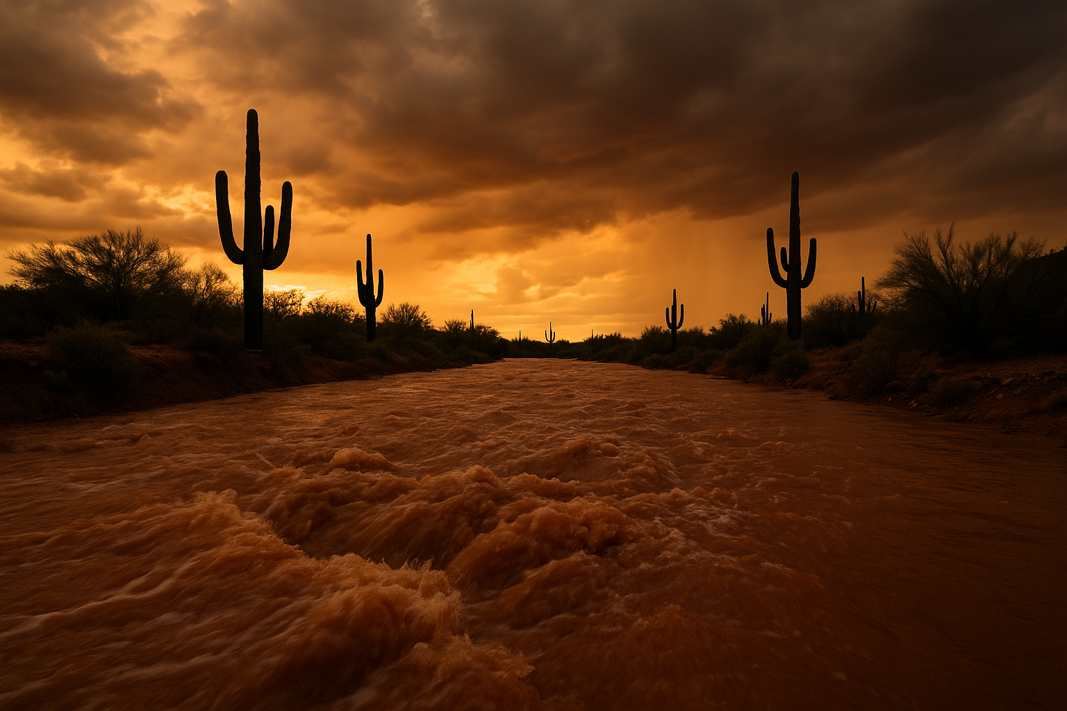 of a desert arroyo with rushing brown water at dusk, saguaro cacti silhouetted against a stormy orange sky, no people