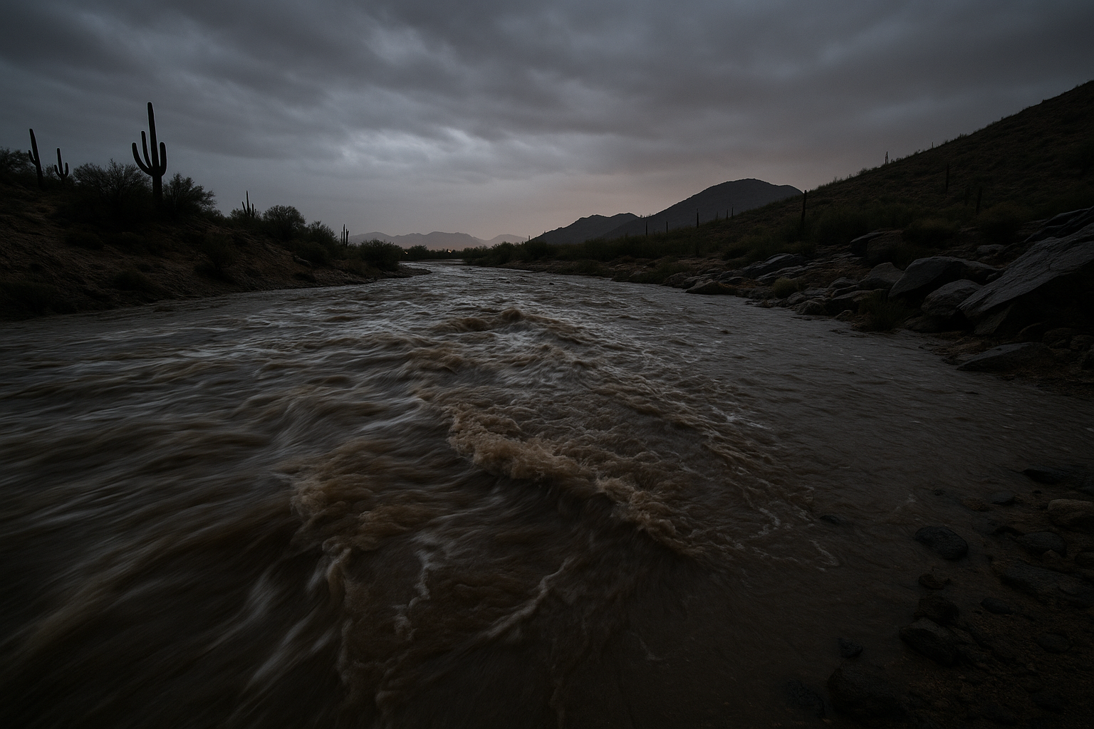 of a rain-soaked desert wash at night, water rushing through a normally dry arroyo, city lights reflected on the surface