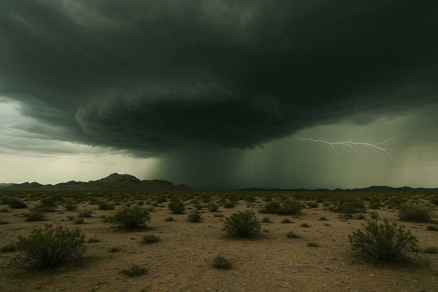 Wide desert landscape at dusk under a dark storm cell, lightning visible in the distance over flat scrubland, no people