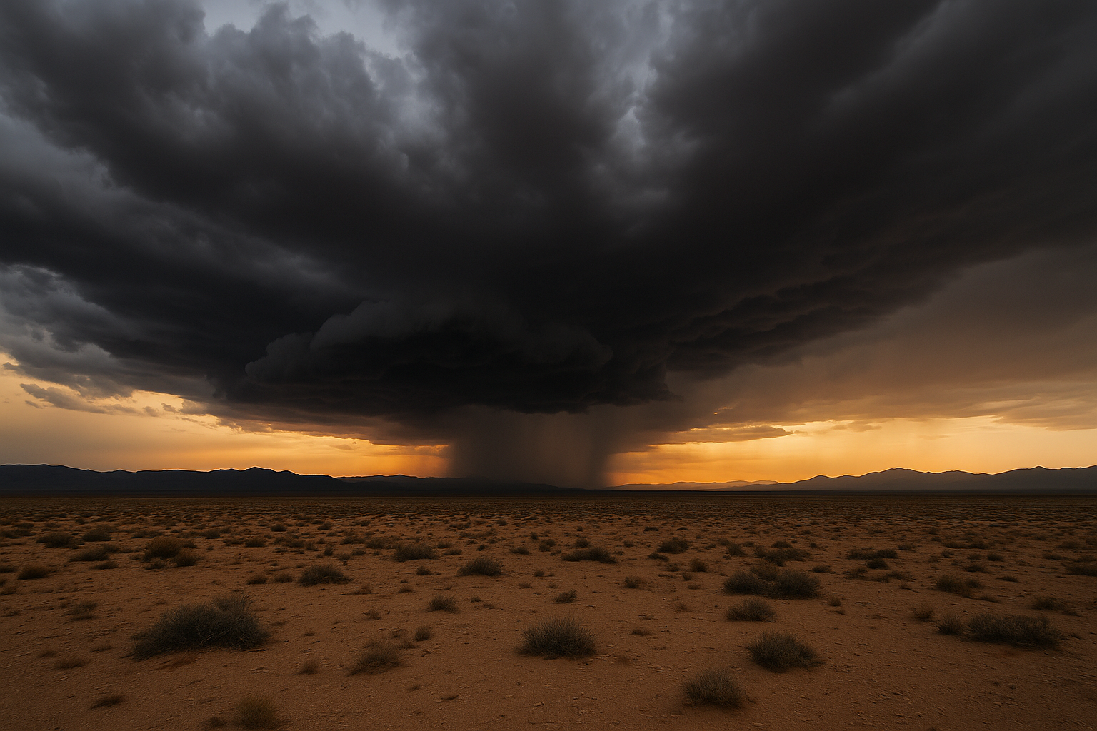 of dark monsoon storm clouds building over a desert valley at late afternoon, dramatic orange and grey sky, no people