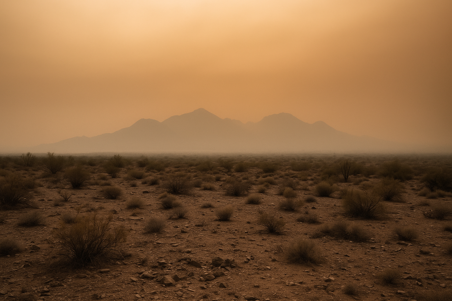 of a hazy desert sky at dusk over a dry Sonoran landscape, McDowell Mountains faintly visible through orange-tinged smog, no