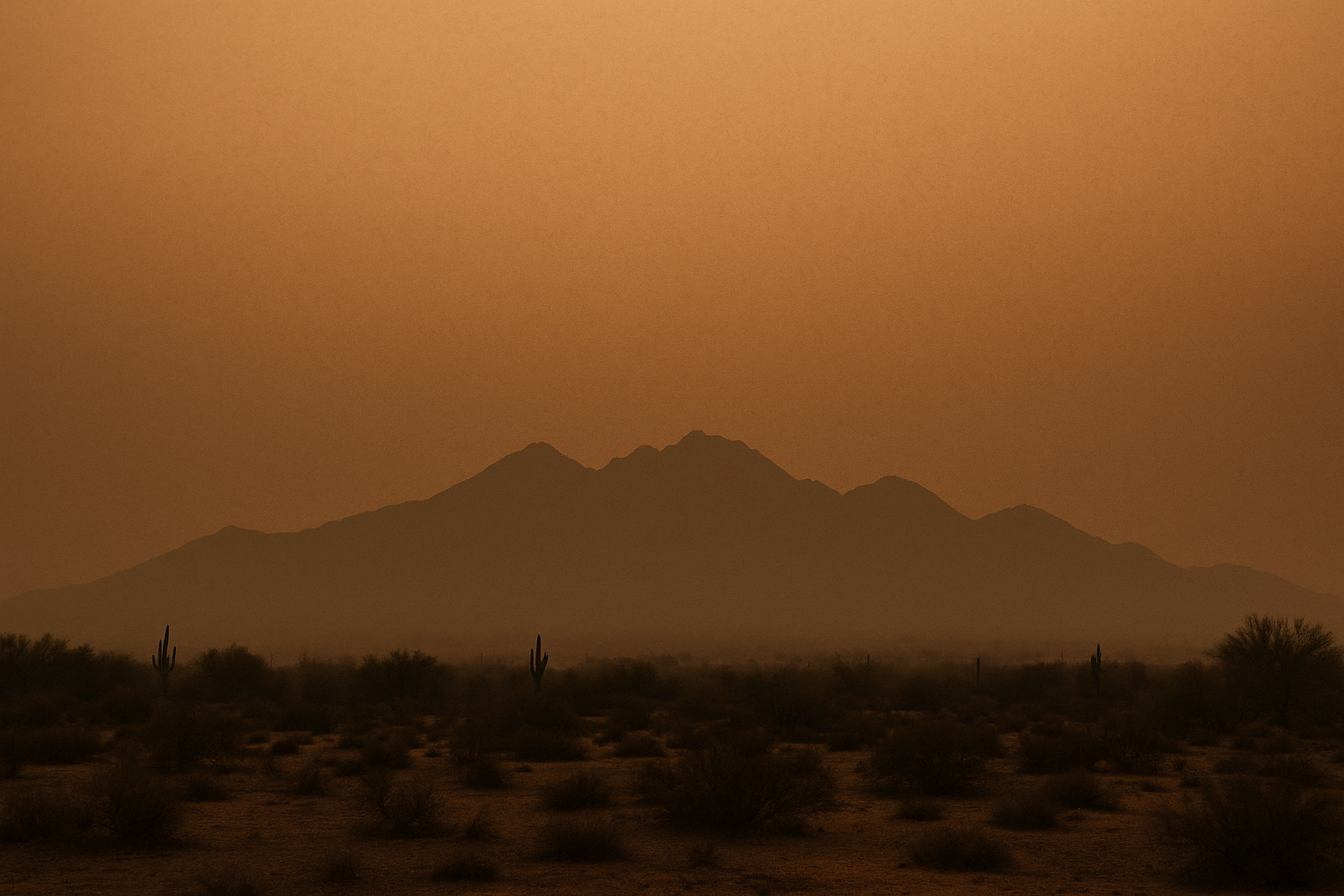 of a hazy desert sky at pre-dawn, orange and brown particulate haze visible on the horizon, McDowell Mountains silhouetted in