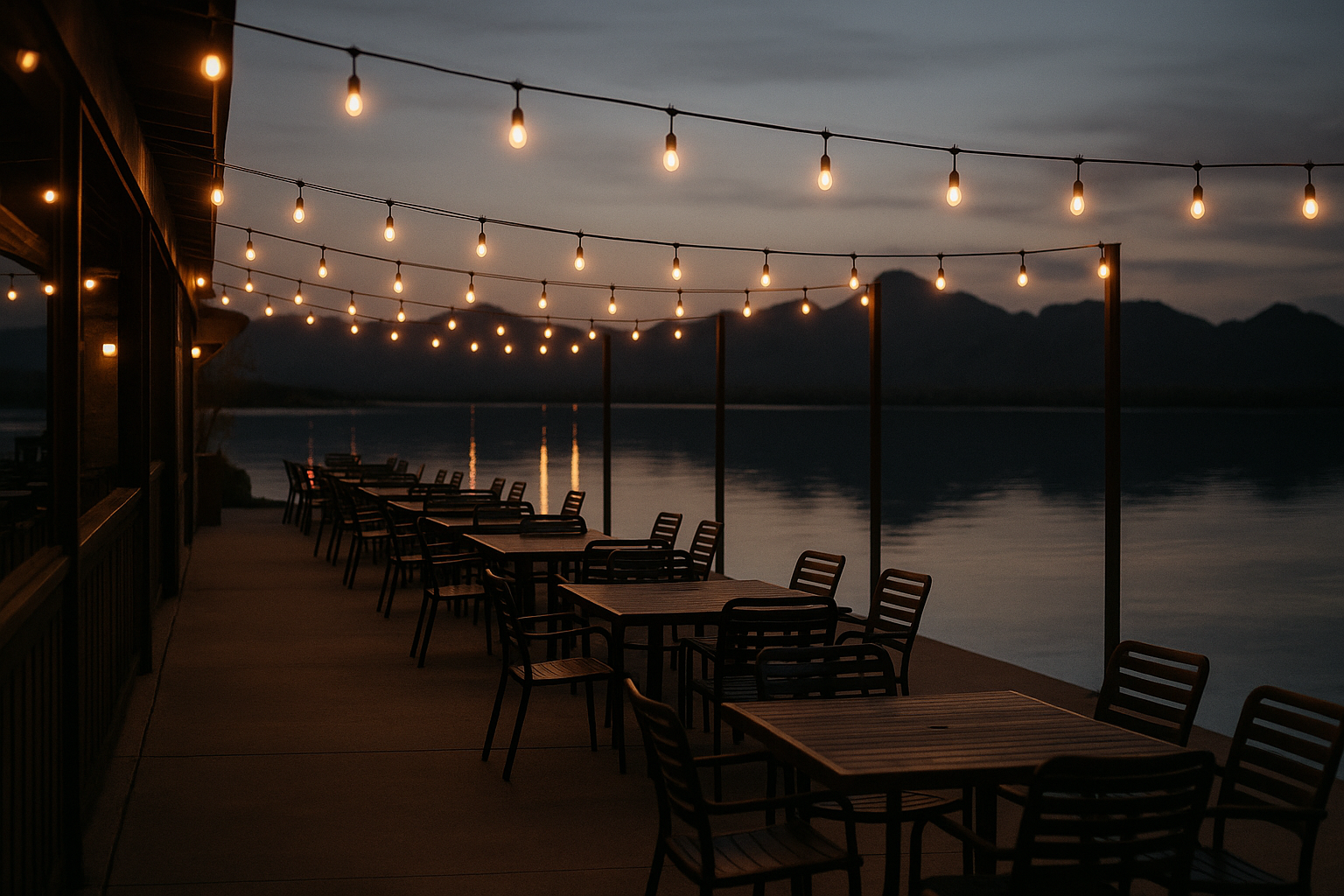 Lakeside restaurant patio at dusk with string lights reflecting on still water, desert mountains in the background, no people