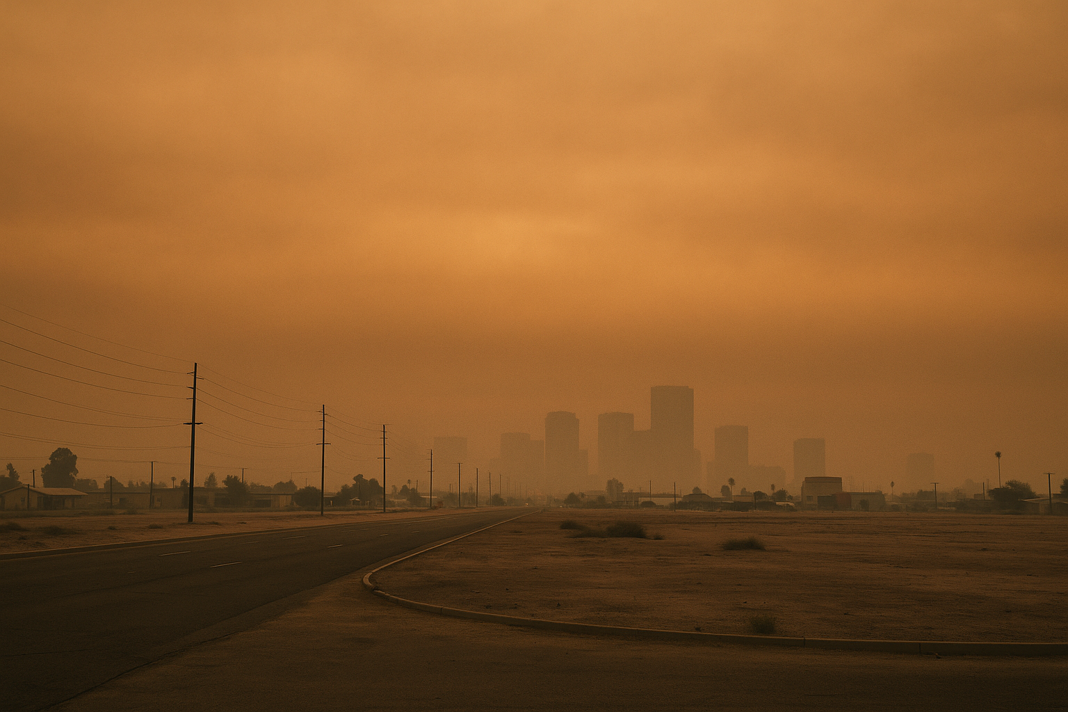 of a hazy desert sky over a flat urban landscape at dawn, orange-brown particulate haze visible on the horizon, no people