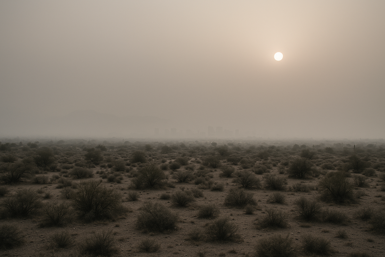 of a hazy Phoenix valley at dawn, sun barely visible through thick particulate haze, desert scrub in the foreground, no peopl
