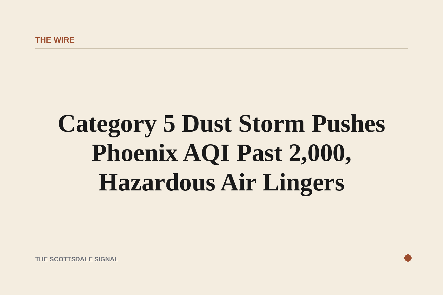 Wide aerial view of a brown dust haze hanging over a desert city at midday, mountains barely visible through the murk, no peo