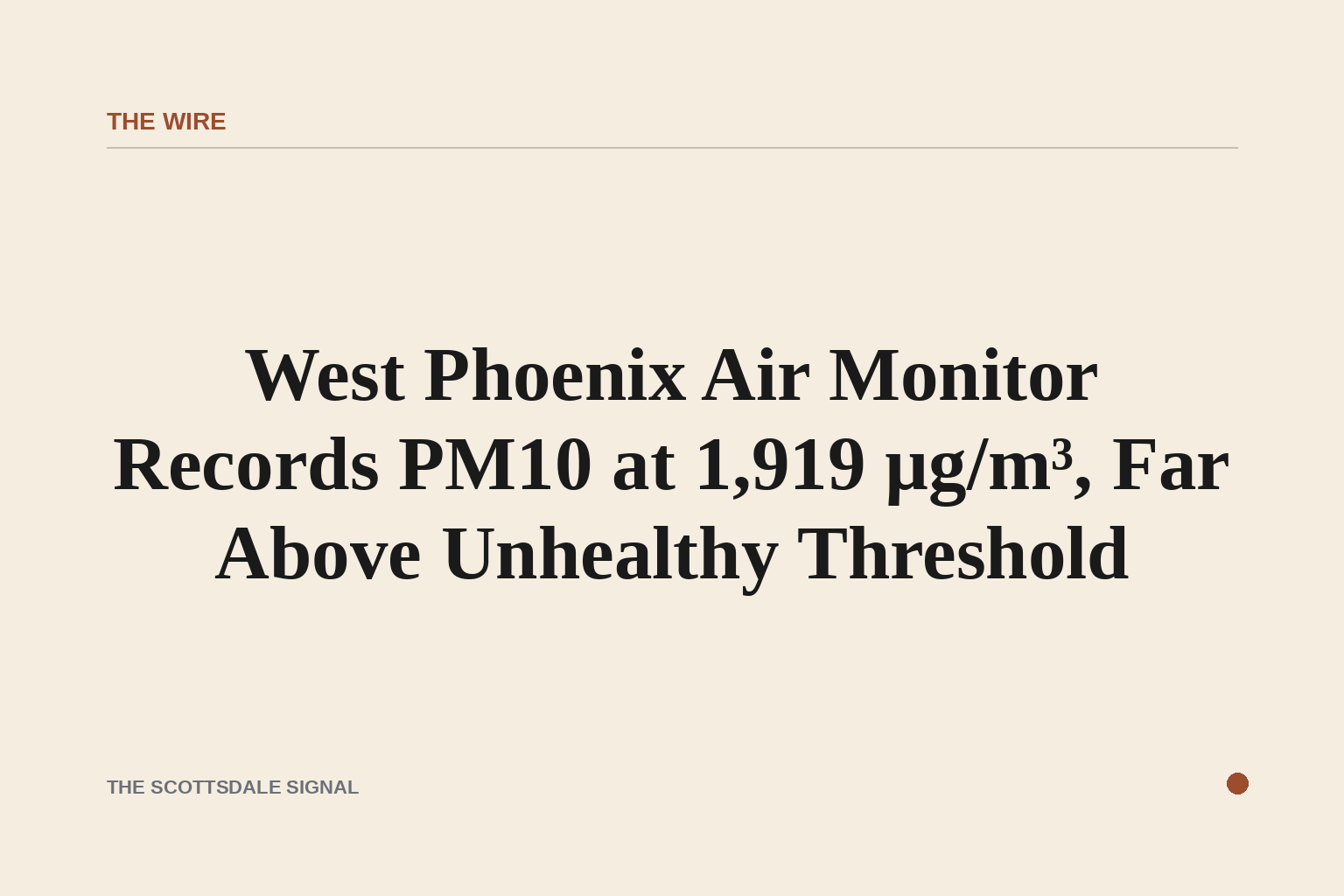 of a hazy desert sky over a flat urban grid at dawn, orange-brown particulate haze obscuring distant mountains, no people