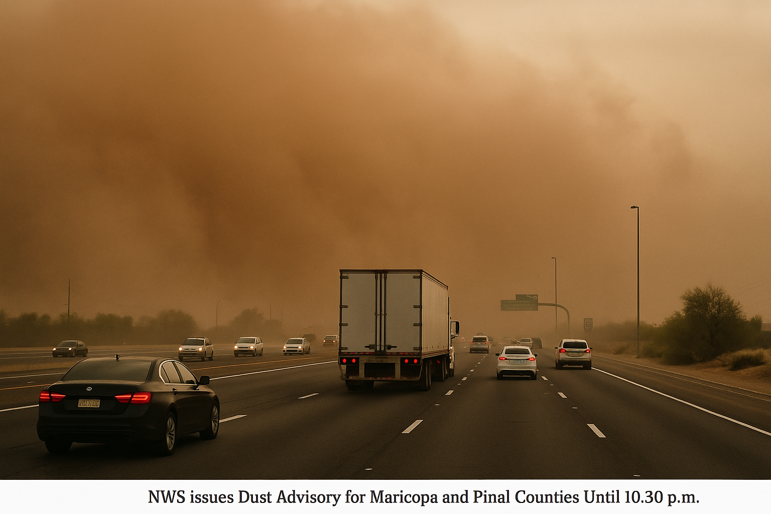 NWS Issues Dust Advisory for Maricopa and Pinal Counties Until 10:30 p.m.. A wall of dust moving west at 30 mph cut visibi…