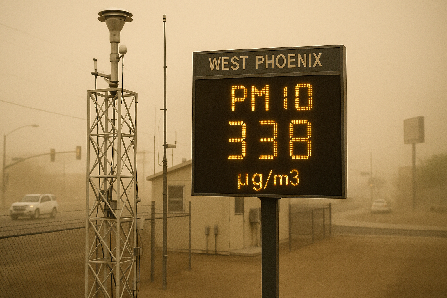 West Phoenix Air Monitor Records PM10 at 338 UG/M3, Crossing Unhealthy Threshold. The West Phoenix air quality station log…