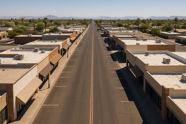Wide aerial view of a sun-drenched Phoenix street lined with small storefronts, midday desert light, no people, no text