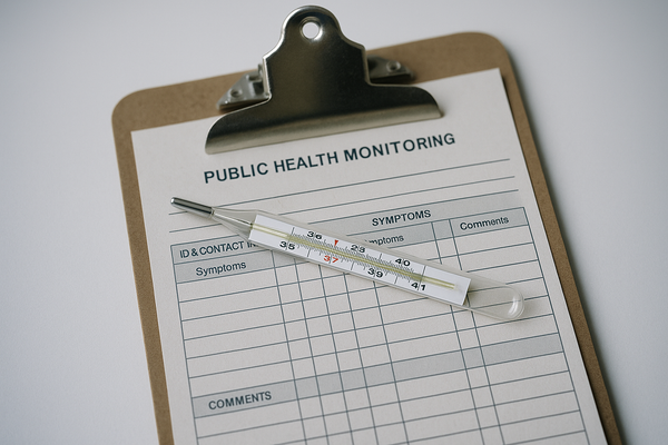 of a public health monitoring clipboard and thermometer on a clean clinical surface, neutral background, no people