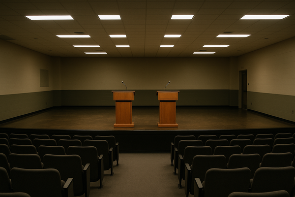 Empty school auditorium with two podiums on a stage, soft overhead lighting, no people