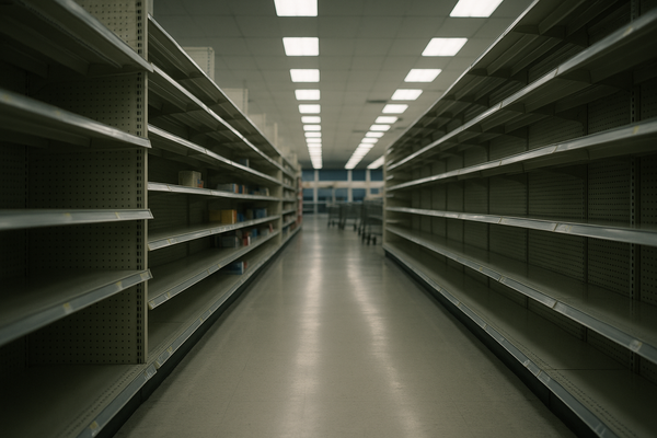 Empty big-box retail store aisle at dusk, fluorescent lights overhead, no people, shopping carts in background