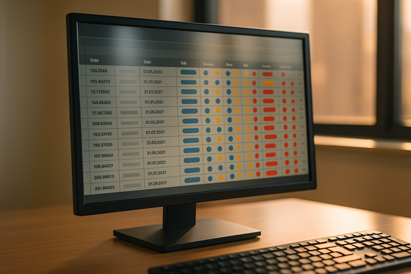 of a computer screen displaying a grid of data rows with colored risk indicators, warm office lighting, no people visible
