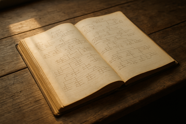 of an open genealogy ledger on a wooden desk, soft natural light, no people