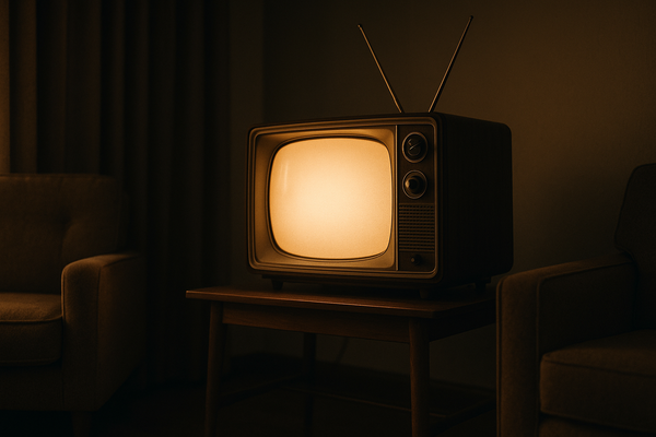 of a vintage 1960s television set glowing in a dim living room, no people, no text on screen