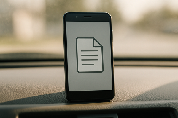 of a smartphone screen displaying a generic document icon, resting on a car dashboard in soft afternoon light, no text visibl