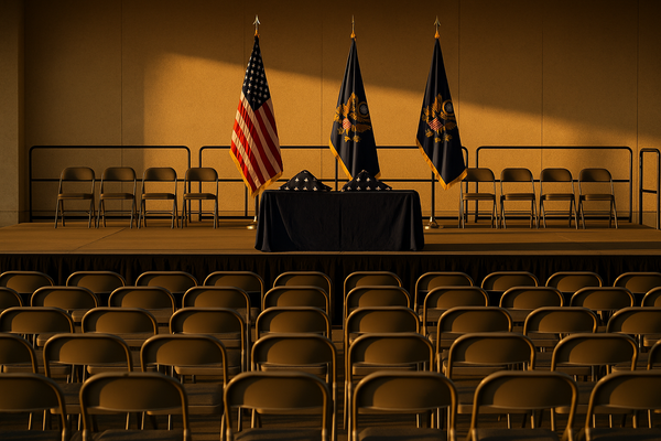 Empty military commissioning ceremony stage with folded flags and rows of chairs at golden hour, no people