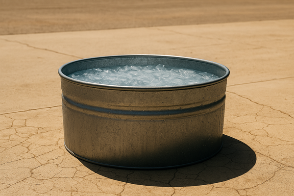 of an ice bath tub on a sun-baked concrete surface, no people, harsh midday desert light