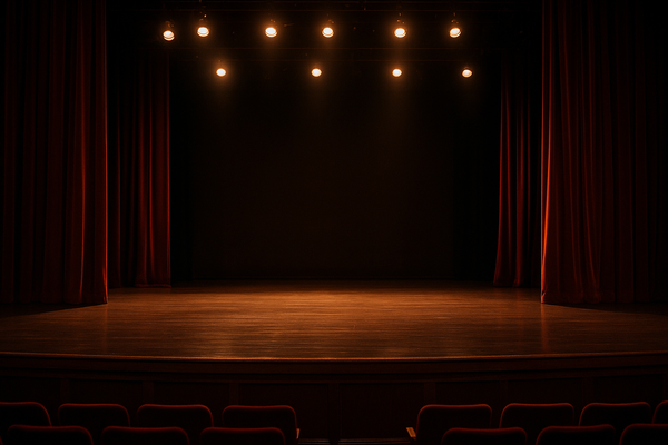 Empty theater stage with warm amber spotlights illuminating a polished wood floor, velvet curtains in deep red framing the wi