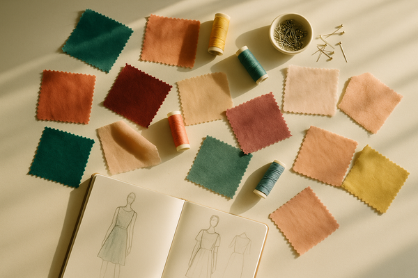 Flat lay of colorful fabric swatches, sewing notions, and a sketchbook on a white table, warm natural light
