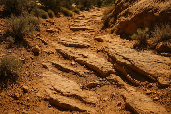 of a rocky desert trail at midday, sparse desert vegetation, no people, warm sunlight on sandstone