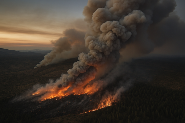 view of smoke rising over a dry desert forest landscape at dusk, orange glow visible at the tree line, no people