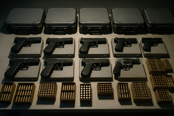 of a law enforcement evidence table with firearms cases and ammunition boxes under fluorescent lighting, no people, no text