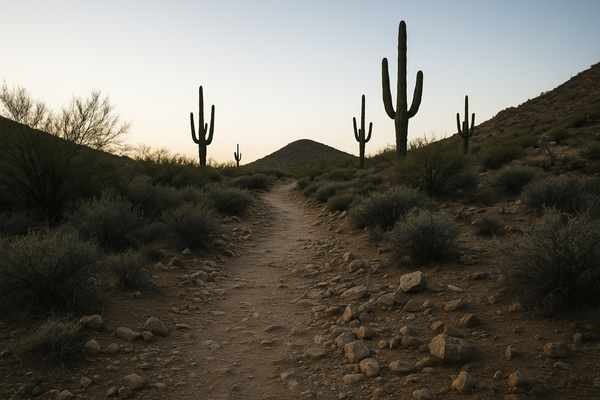 of a rocky desert trail at dawn, saguaro cacti in the background, no people, warm morning light