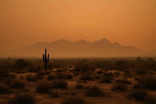 of a hazy desert sky at dusk over a dry Sonoran landscape, McDowell Mountains faintly visible through orange-tinged smog, no