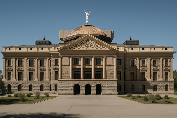 of the Arizona State Capitol dome at midday, clear blue sky, no people