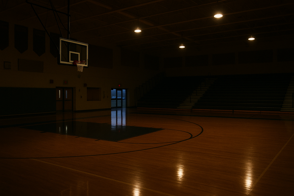 Empty basketball court at dusk, hardwood floor reflecting overhead lights, no people