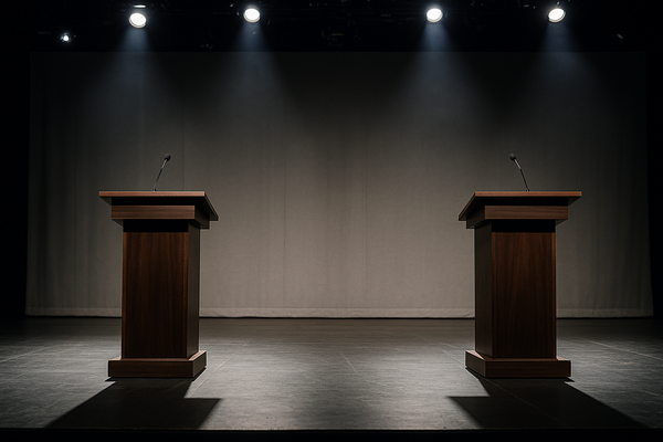 Empty debate stage with two podiums under bright lights, neutral background, no people