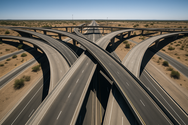 Wide aerial view of a multi-level freeway interchange in a desert city at midday, no people, no text