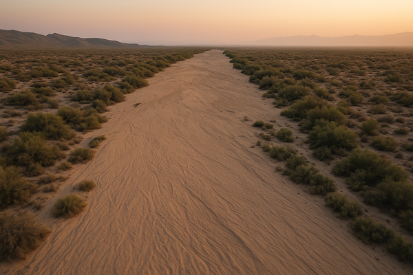 view of a dry desert wash at dusk, scrub brush and salt cedar along a sandy riverbed, faint haze in the distance, no people