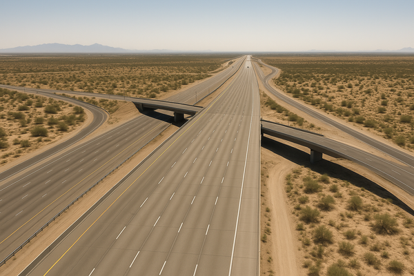 Wide aerial view of a desert freeway interchange at midday, no vehicles, pale blue sky, scrub brush on either side