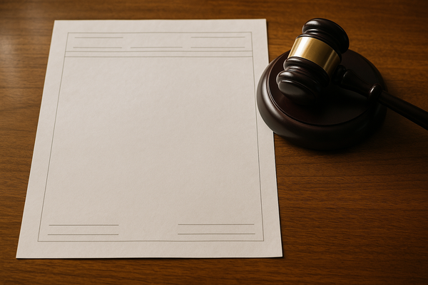 of a blank federal court document on a wooden desk, a gavel resting beside it, neutral lighting