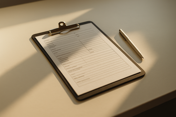 of a medical clipboard resting on a clean white desk beside a pen, warm natural light, no people