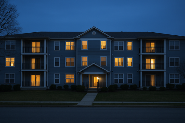 of a generic apartment complex exterior at dusk, warm light in windows, no people, no signage